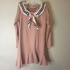 Mud Kingdom Girls Nautical Sailor Collar  Long Sleeve Pleated Hem Dress in Pink